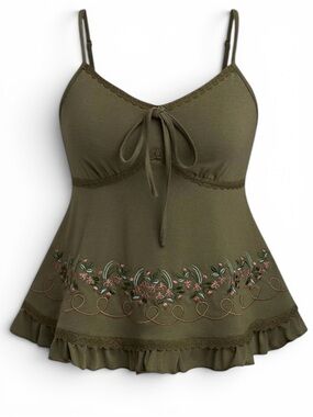 Olive Green Floral Embroidered Cami Top
